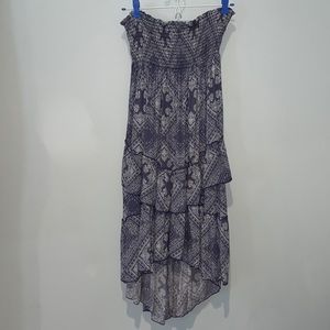 Blue and white flowy, tiered, hi/lo skirt dress